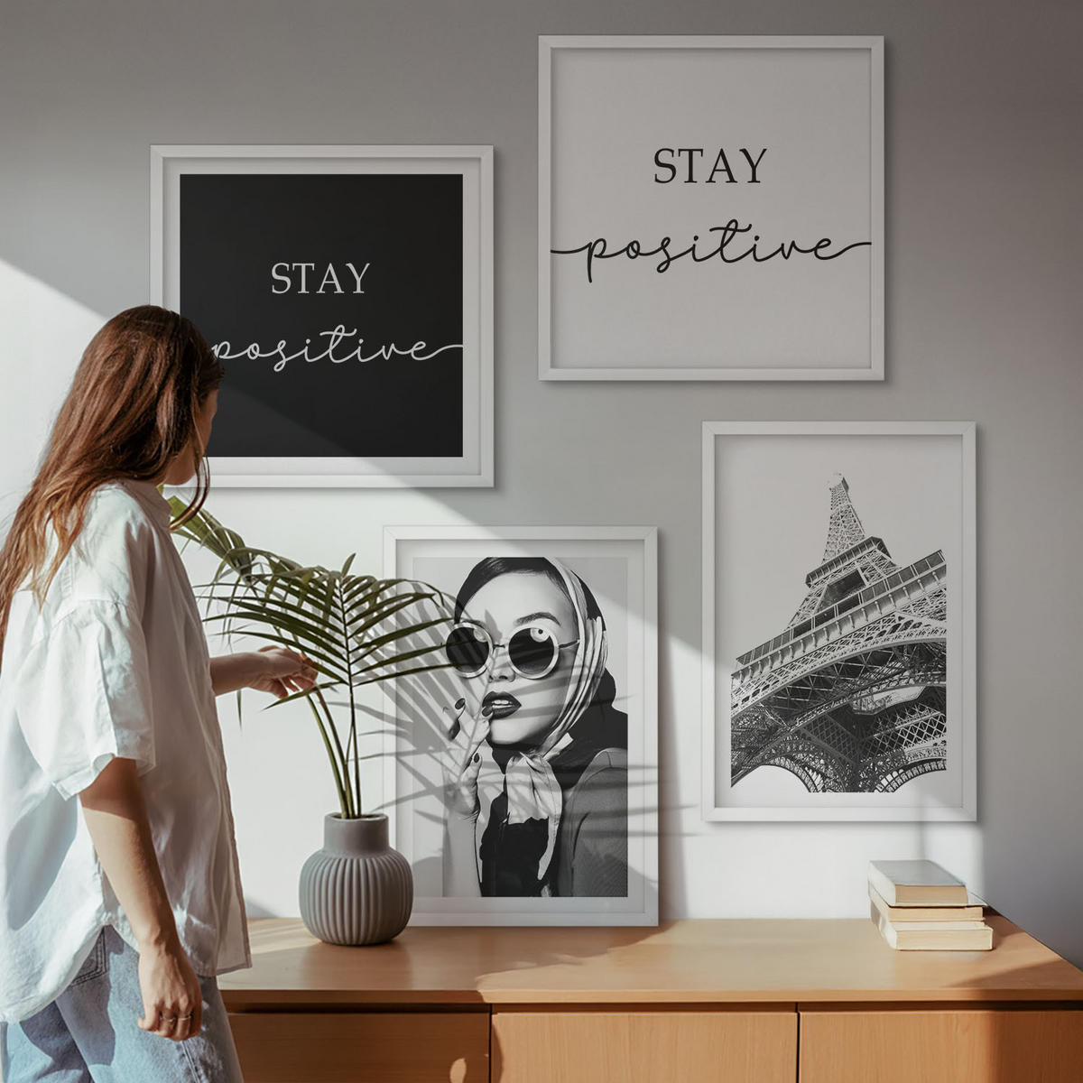 BILDER SET 4er Set - 50x50 cm & 40x60 cm Weißer Rahmen - Porträts, Eiffelturm-Slogans - Weiß, Kunststoff (50/50cm) - TULUP