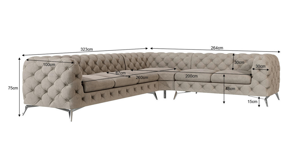 ECKSOFA Chesterfield Laura Dunkle Creme Samt - Silberfarben/Creme, Holz/Textil (323/264cm) - S-Style Möbel