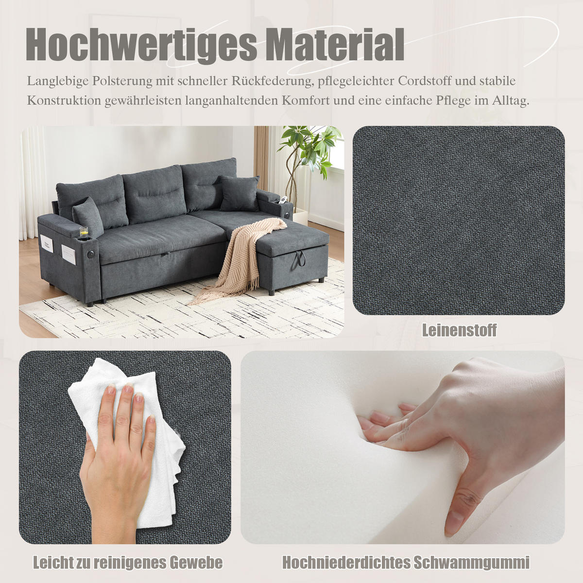 ECKSCHLAFSOFA 3-Sitzer Leinen mit USB-Anschluss und Stauraum Dunkelgrau 212,5/136/86 cm - Dunkelgrau, Textil (136/212.5cm) - Redom