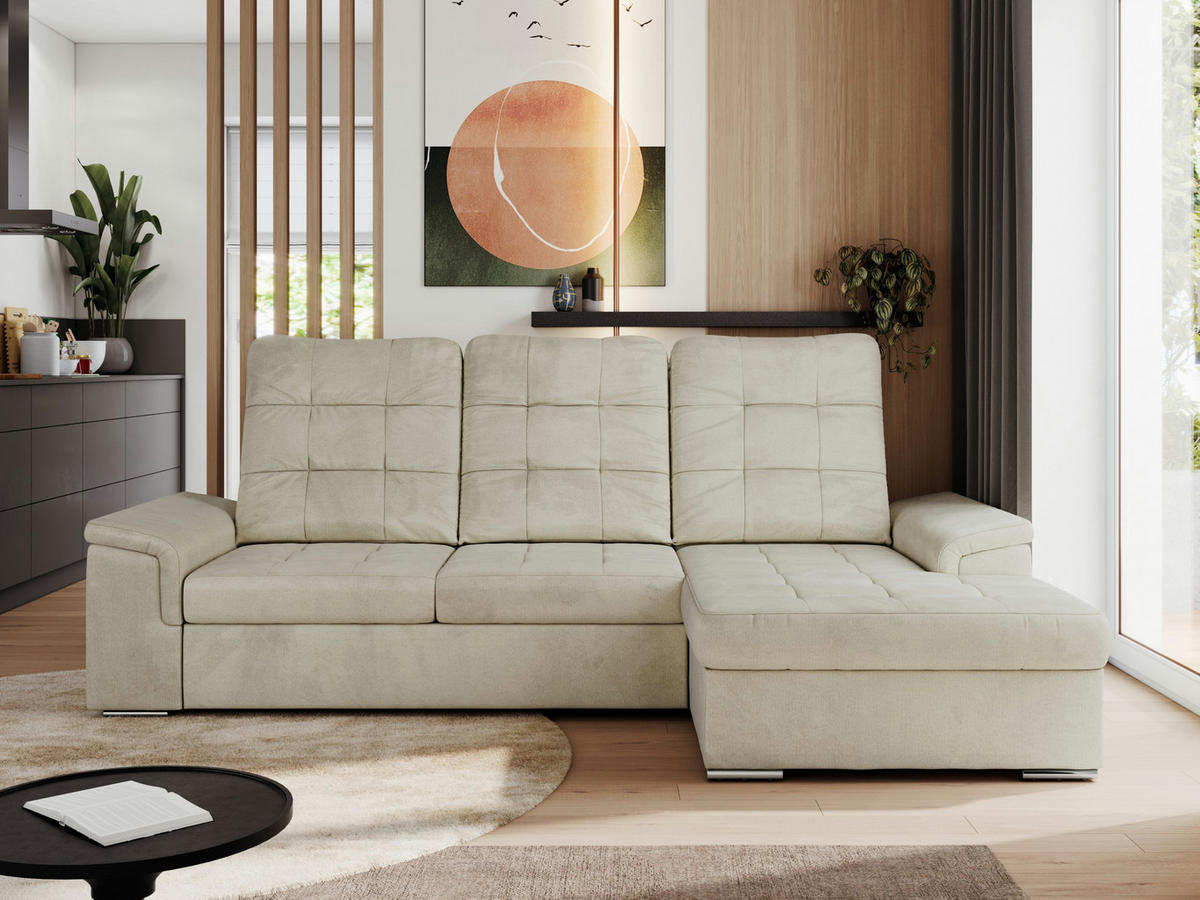 ECKSOFA MADRITO L - Beige Velorus - Rechts - Beige/Silberfarben, Textil/Metall (256/160cm)