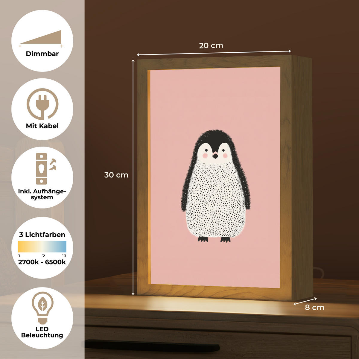 NACHTTISCHLAMPE Pinguin - Punkte - Minimalistisch - Rosa 20x30 cm - Rosa, Holzwerkstoff (8/20/30cm)