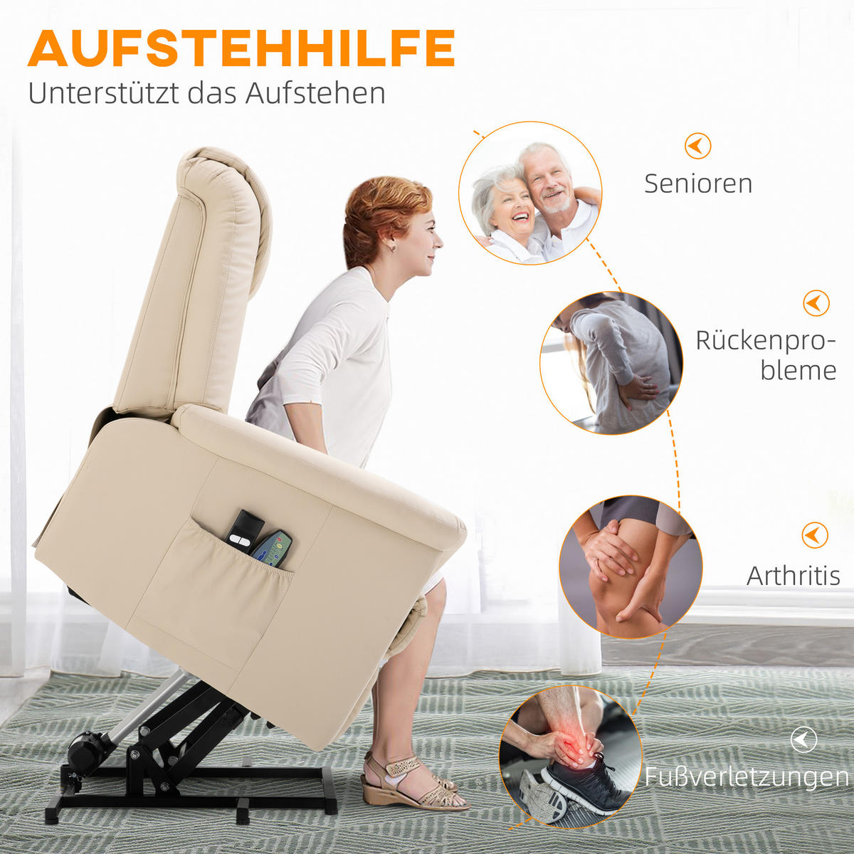 FERNSEHSESSEL mit Aufstehhilfe, Cremeweiß - Creme, Kunststoff (95/106/93cm) - HOMCOM