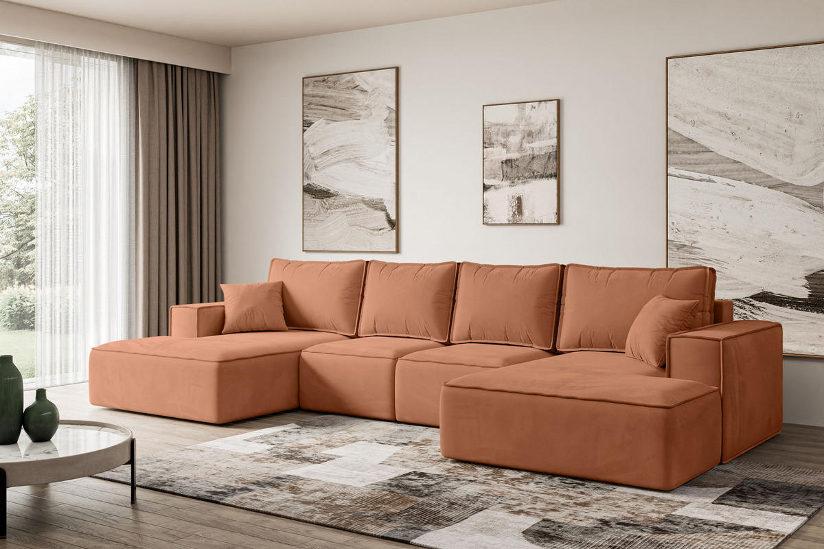 WOHNLANDSCHAFT mit Schlaffunktion und Bettkasten SIERRA-U-S - 349x161x87 cm Apricot Velours - Koralle/Schwarz, Holzwerkstoff/Kunststoff (349/87/161cm) - ALTDECOR