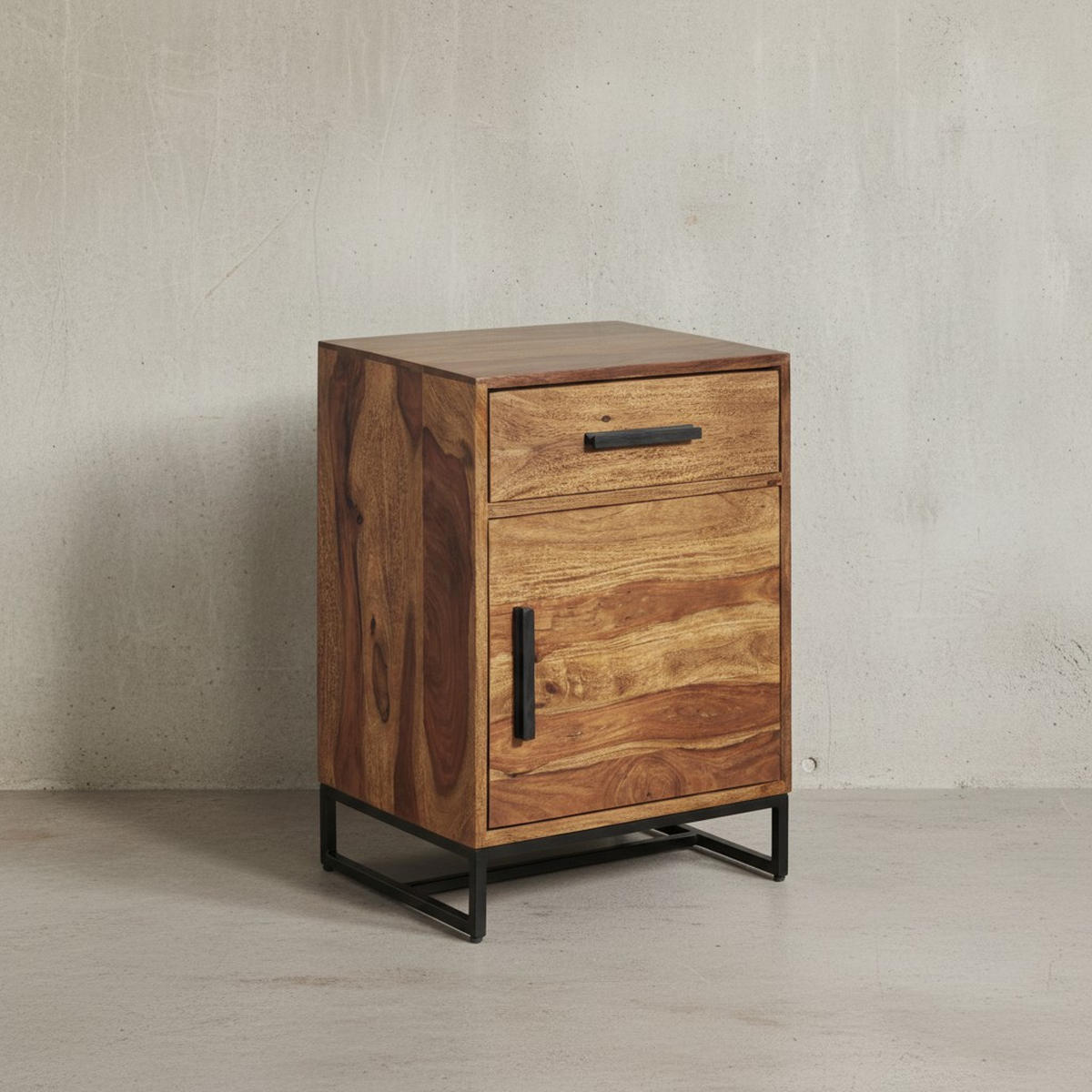 NACHTTISCH – Massivholz/Eisen, Schublade & Tür, Industrial-Stil - Schwarz/Braun, Holz/Metall (45/65/35cm) - KADIMA DESIGN