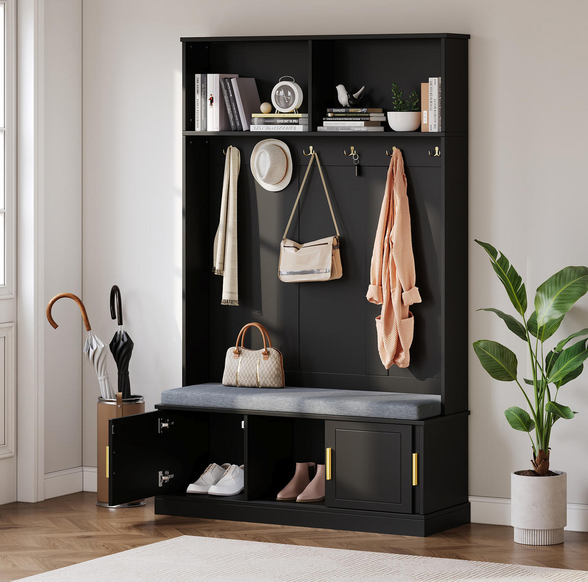GARDEROBE 120/40/191 cm schwarz aus Spanplatte mit Sitzbank, Schuhregal und 6 Haken - Schwarz, Holzwerkstoff (120/191/40cm) - OKWISH
