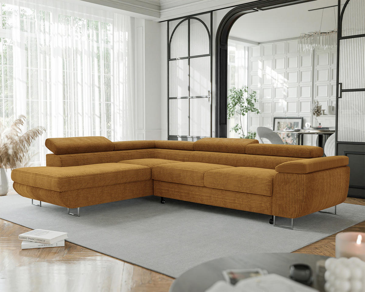 ECKSOFA ANTON mit Schlaffunktion und Bettkasten Senfgelb - Currygelb, Holzwerkstoff/Kunststoff (274/203cm) - Idohome