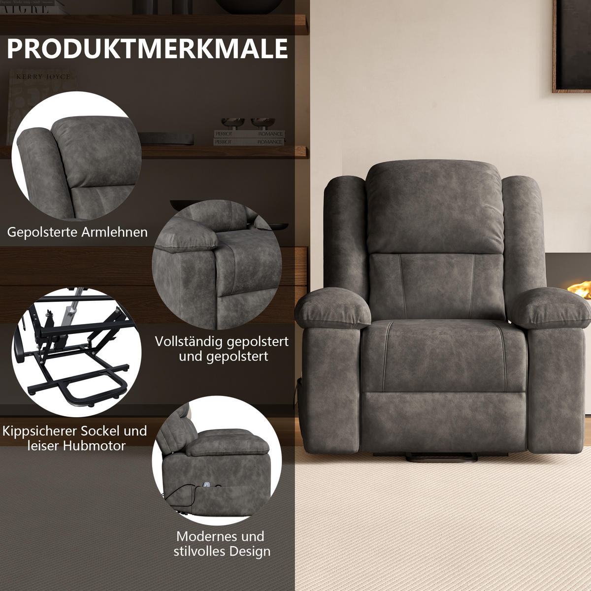 MASSAGESESSEL mit Relaxfunktion, 8 Massagepunkten & 2 Wärmepunkten, Stehhilfe, Fleece-Stoff in grau - Grau, Textil (93/106/102cm) - BRILVERDE
