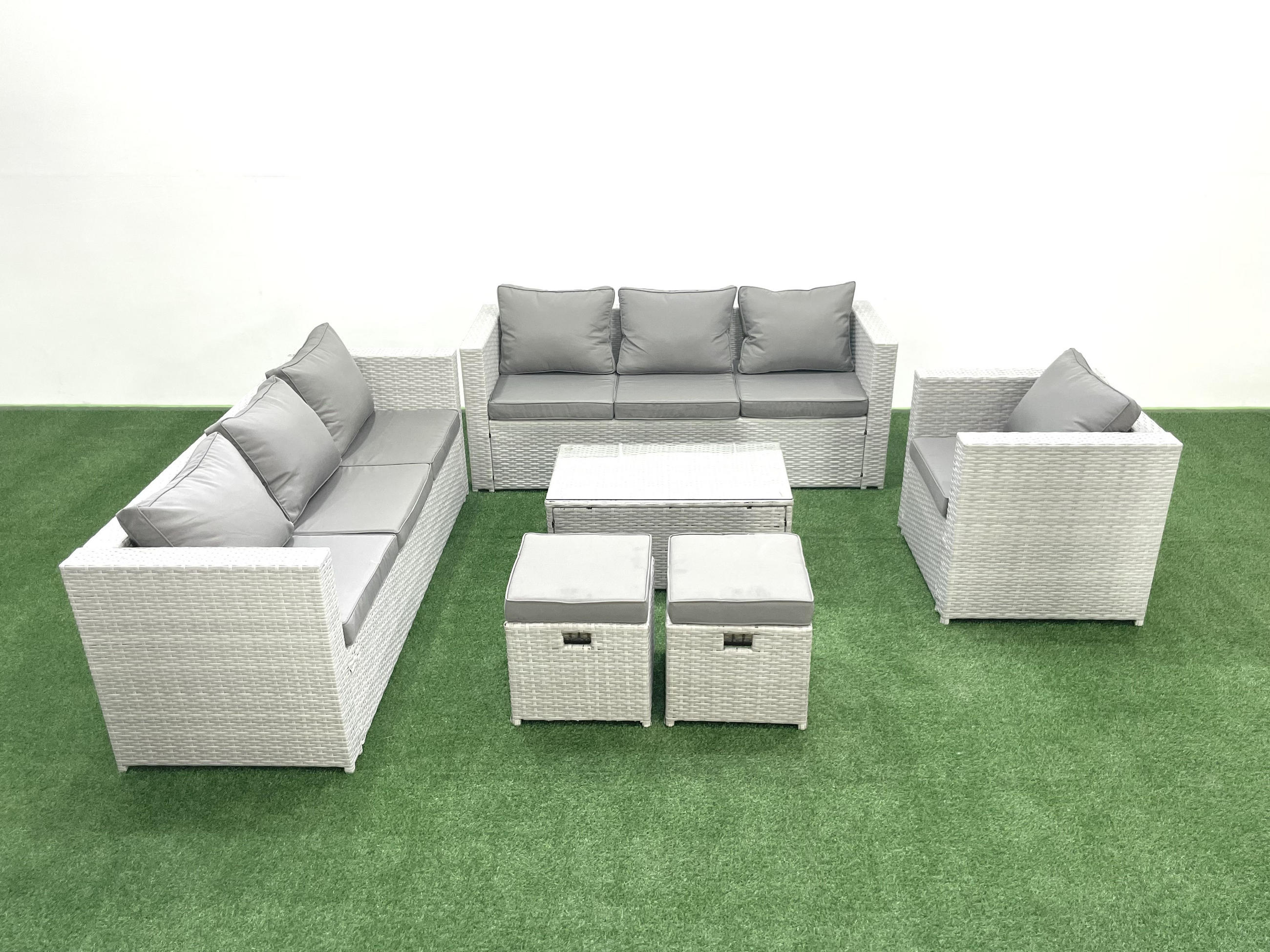 GARTENGARNITUR mit 3-SITZER SOFA,COUCHTISCH Polyrattan Hellgrau-Mix 9-Sitzer - Hellgrau/Grau, Glas/Kunststoff - Fimous