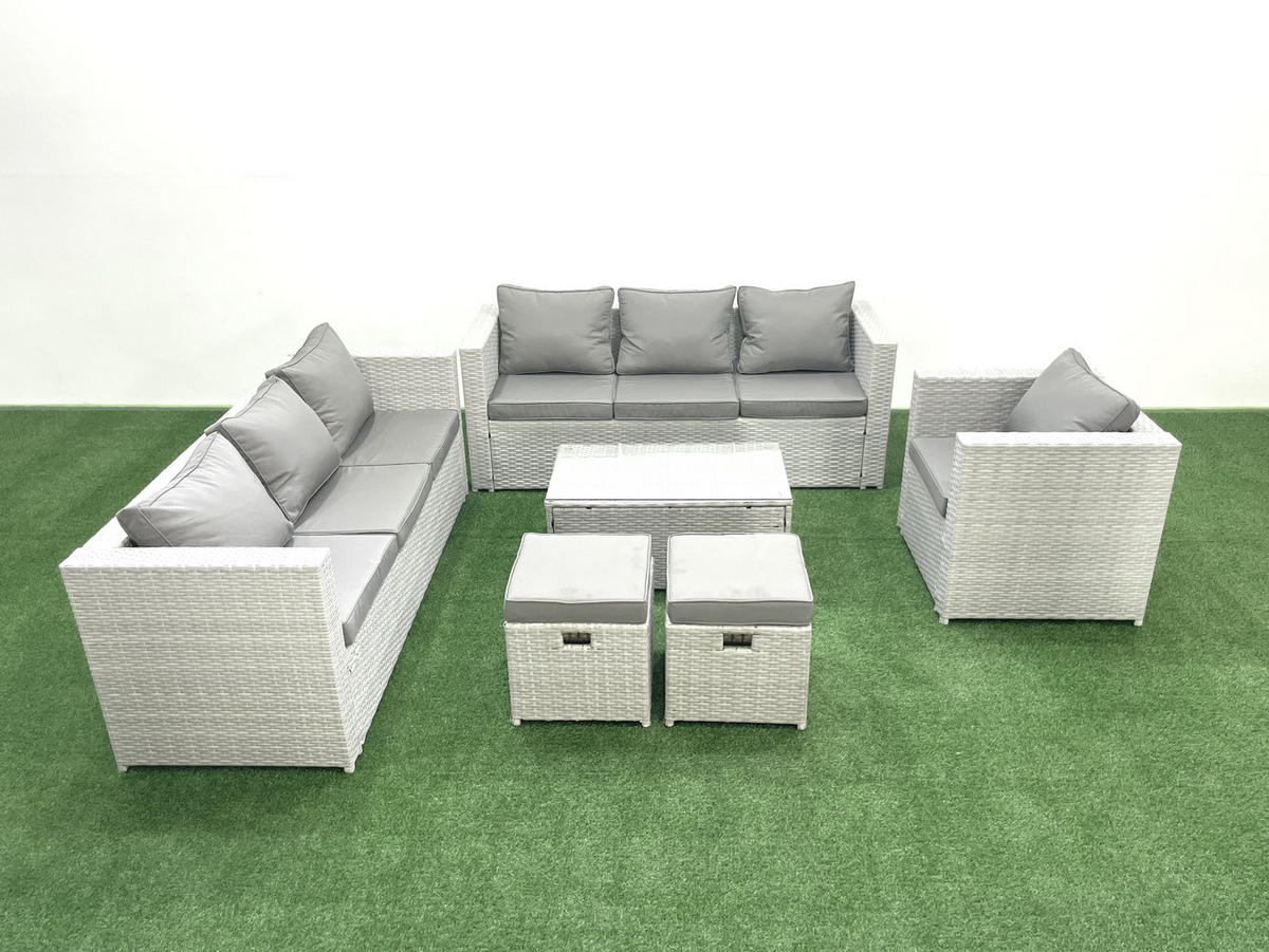GARTENGARNITUR mit 3-SITZER SOFA,COUCHTISCH Polyrattan Hellgrau-Mix 9-Sitzer - Hellgrau/Grau, Glas/Kunststoff - Fimous