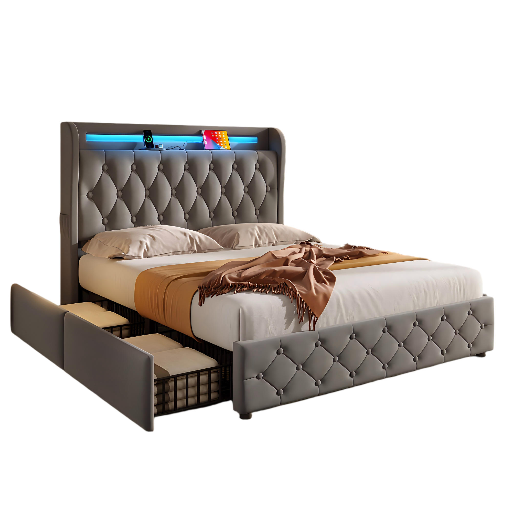 POLSTERBETT 140/190 cm Grau aus Samt mit LED-Beleuchtung und USB- und Type-C-Anschlüssen mit 4 Schubladen - Grau, Textil (140/190cm) - OKWISH