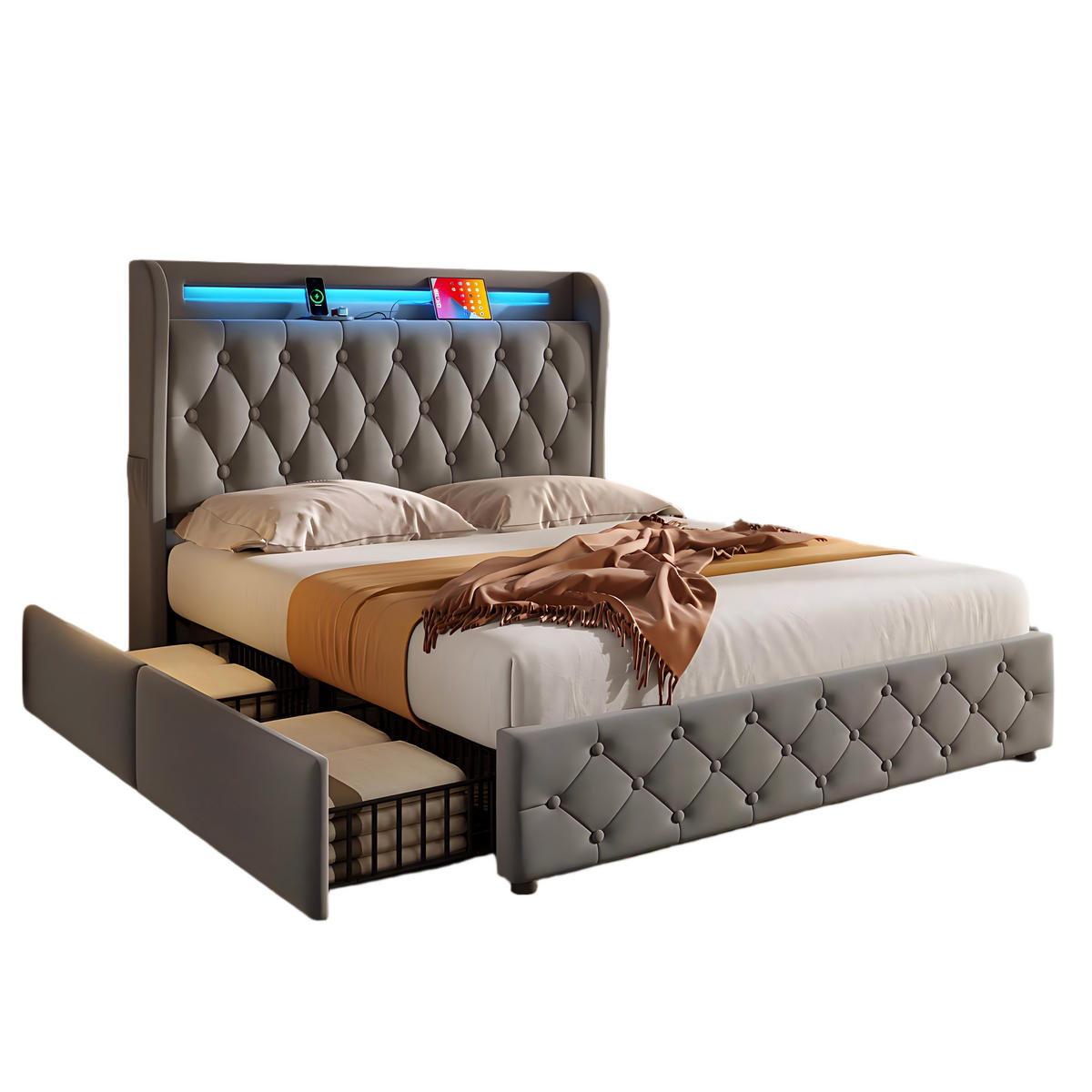 POLSTERBETT 140/190 cm Grau aus Samt mit LED-Beleuchtung und USB- und Type-C-Anschlüssen mit 4 Schubladen - Grau, Textil (140/190cm) - OKWISH