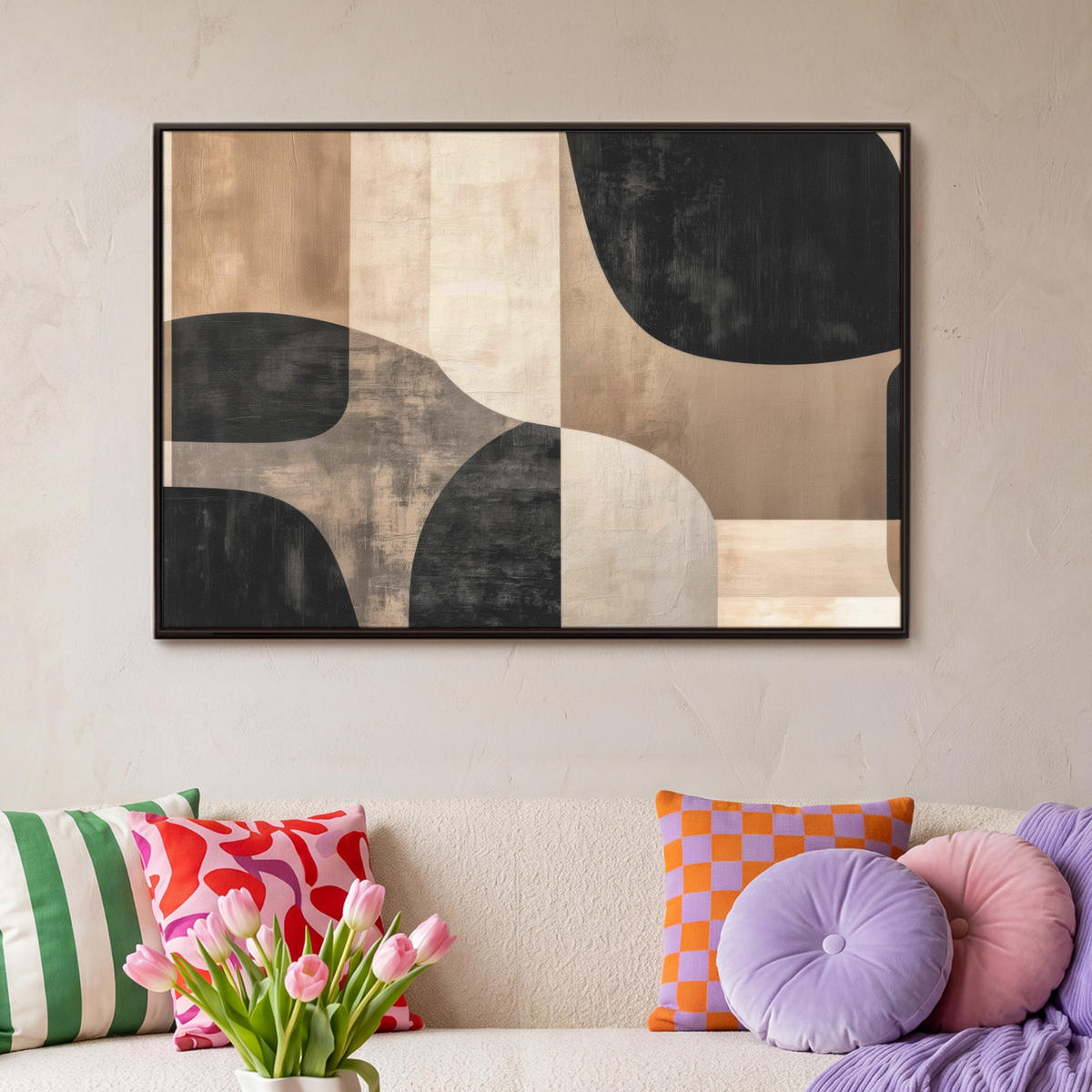 LEINWAND Bilder mit Rahmen - Abstrakt - Flugzeuge - Schwarz - Rund - 90x60 - Beige, Textil (90/60cm) - MuchoWow