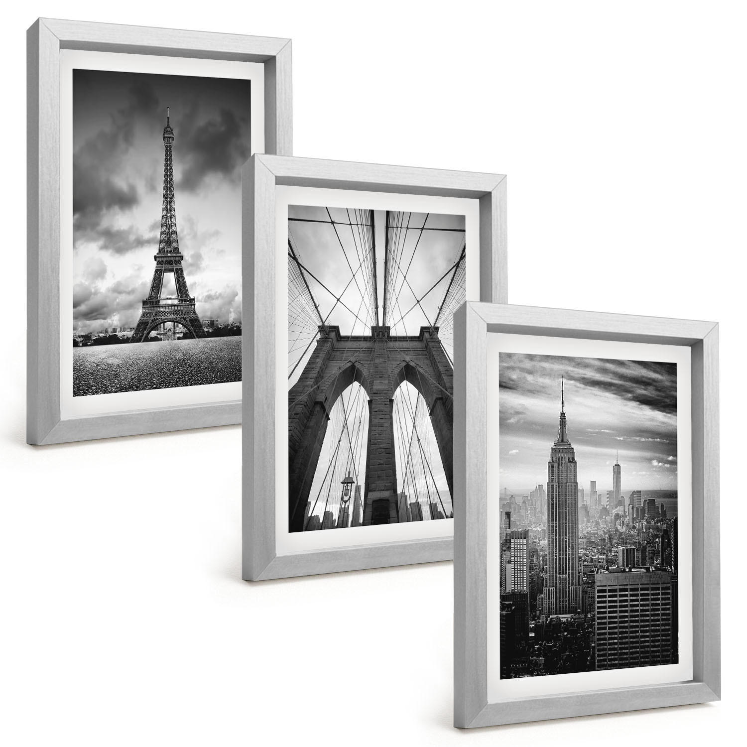 BILDER SET 3er Set - 20x30 cm Silberner Rahmen - Monochromatische Brückentürme - Silberfarben, Kunststoff (20/30cm) - TULUP