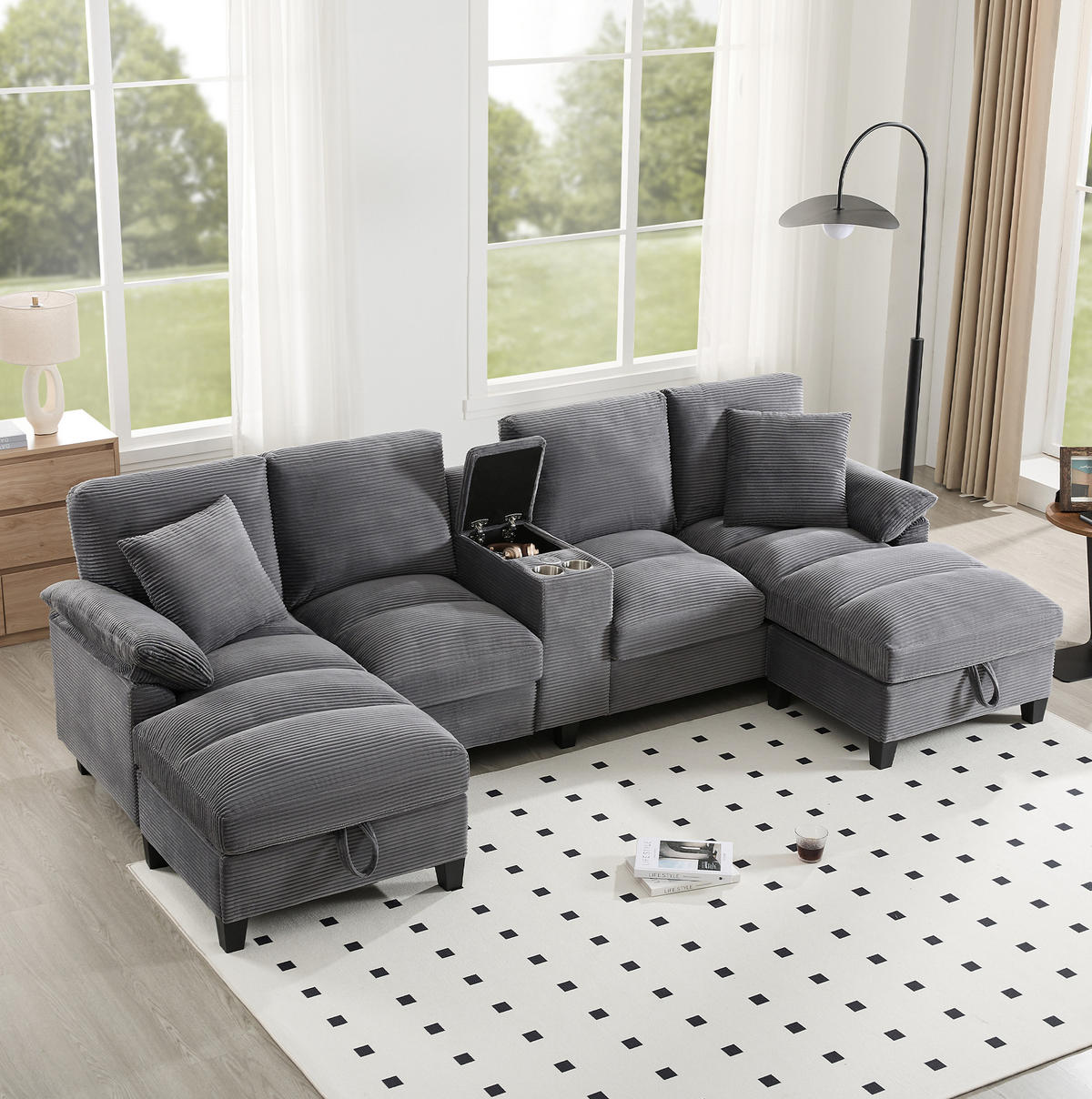 WOHNLANDSCHAFT aus Cord 293x142x93 cm in Grau mit USB-Anschlüssen & Stauraum - Grau, Textil (142/93/293cm) - Modfu