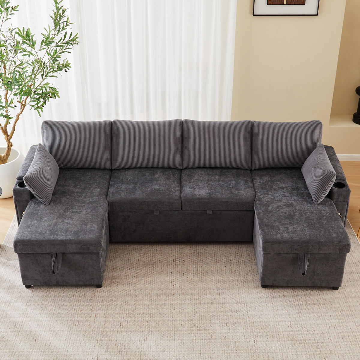 SCHLAFSOFA U-Form mit Getränkehaltern und Stauraum, Grau - Grau, Textil (272/84/131cm)