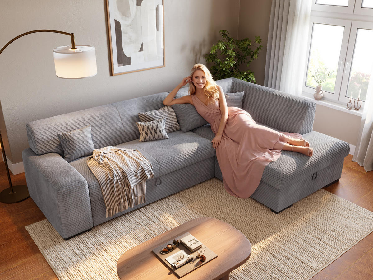 ECKSOFA mit Schlaffunktion Cordstoff MILENZO Hellgrau Rechts - Hellgrau, Holz (260/175cm) - Bromarkt