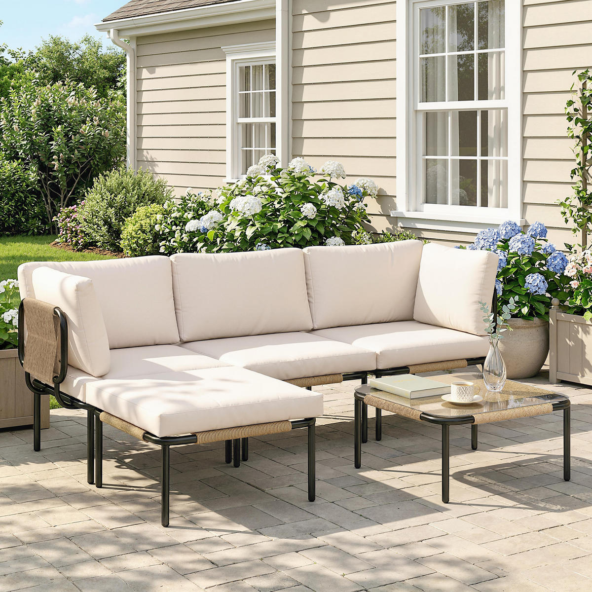 RATTAN-GARTENMÖBEL-SET 5er Set PE-Rattan Stahl Khaki - Beige/Schwarz, Textil/Metall - Outsunny