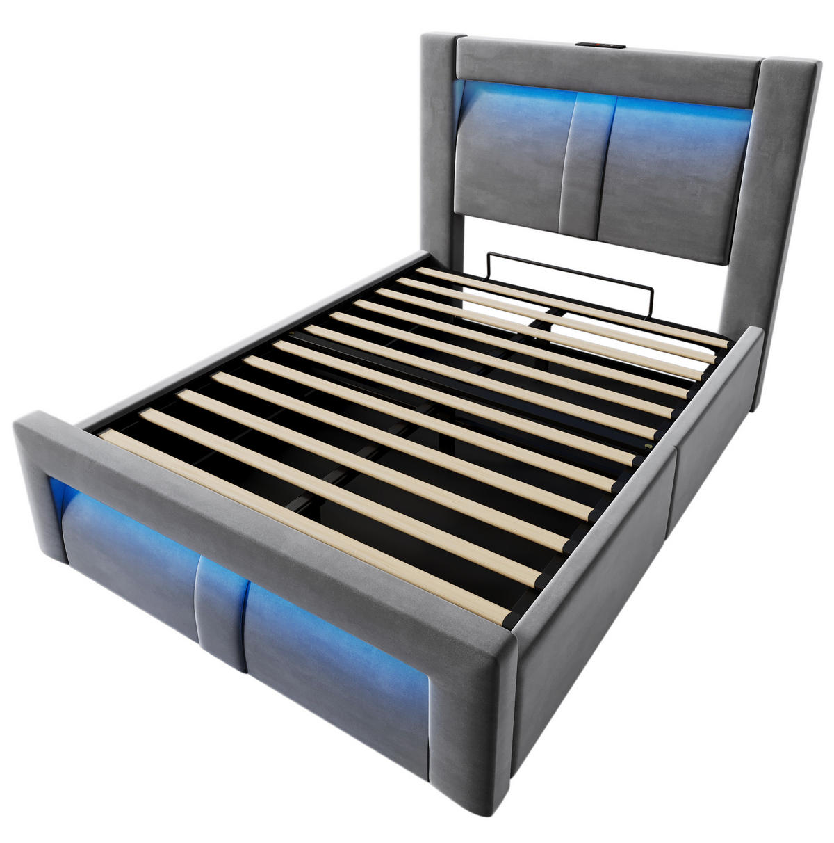 EINZELBETT 90/200 cm mit LED, USB- und Type-C-Anschluss, hydraulischem Stauraum und Samtbezug, Grau - Grau, Holz (90/200cm) - Redom