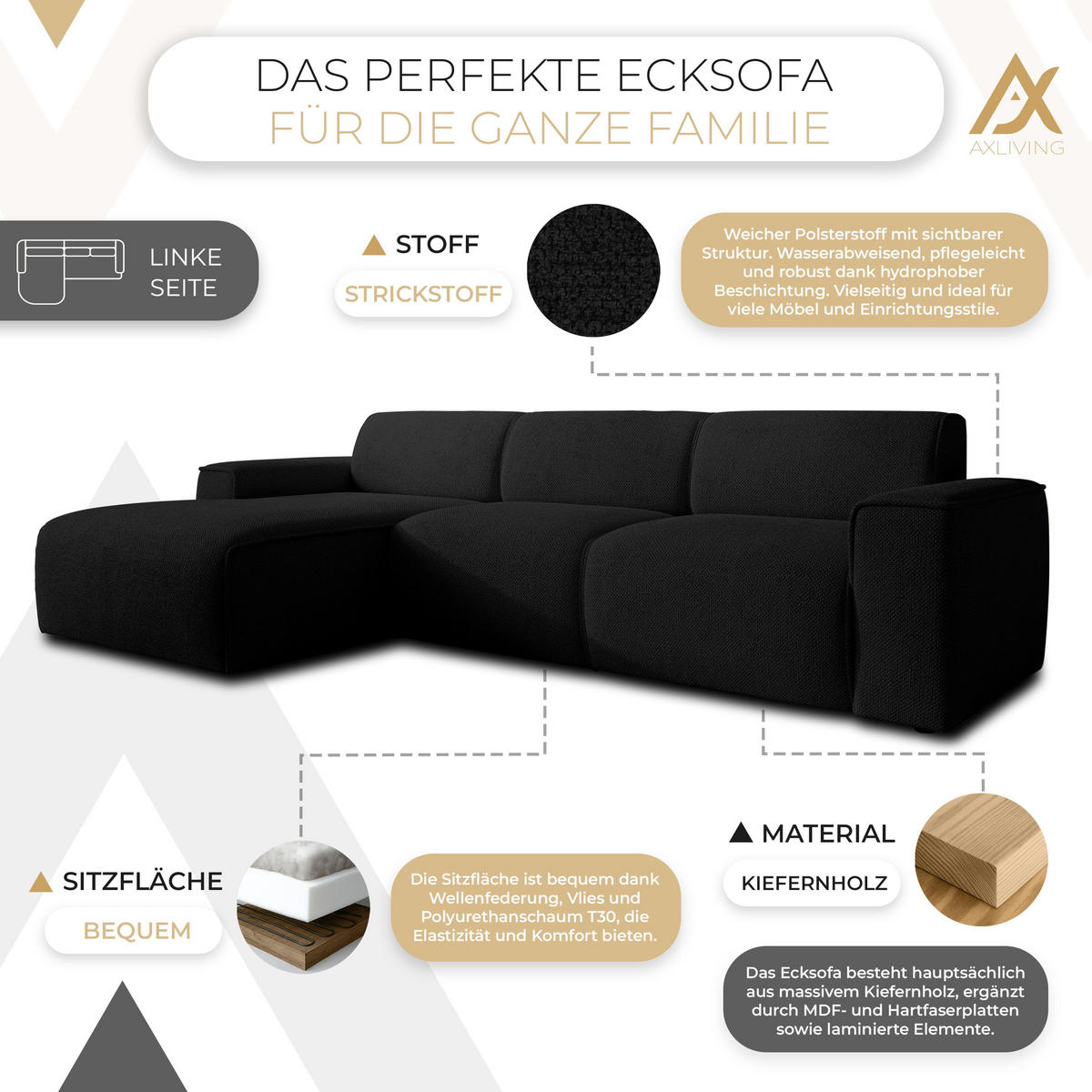 ECKSOFA L Form Didim mini Schwarz 310/165/78 cm – stilvolle kleine Eckcouch L - Schwarz, Kunststoff/Textil (165/310cm) - AX Living