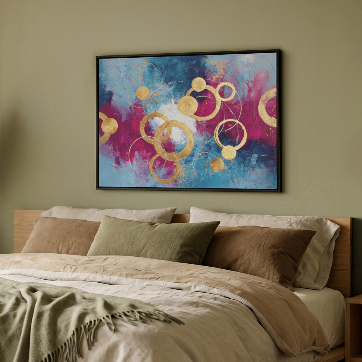 LEINWAND Bilder mit Rahmen - Kreise - Gold - Abstrakt - 80x60 - Blau, Textil (80/60cm) - MuchoWow