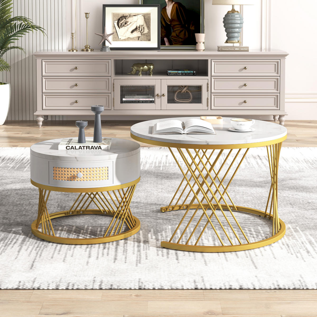 COUCHTISCH 2er Set Rund mit Marmoroptik & Rattan-Schubladen - Multicolor, Metall (70/70/45.5cm) - SHOPENTRA