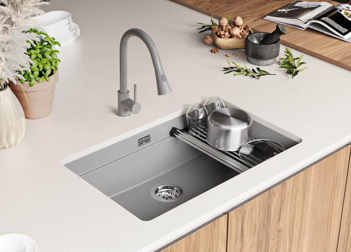 UNTERBAUSPÜLE GRANIT Praga, 2-er set Grau 76/47 cm 1 Becken + Küchenarmatur 38/14 cm + Ablauf-Set + Aufrollbare Abtropffläche ab 80er Unterschrank - Chromfarben/Grau, Kunststoff (76/20/47cm) - Primagran