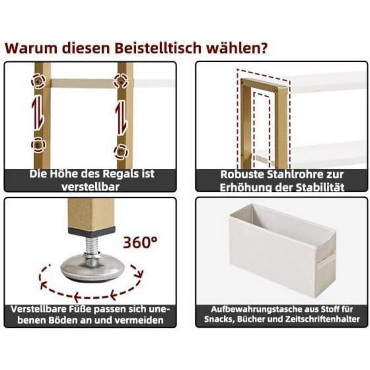 BEISTELLTISCH mit Stoffkorb Weiß Gold 43 x 18 x 64 cm - Multicolor, Metall (43/18/66cm)
