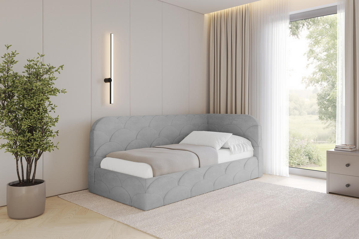 EINZELLBETT Jugendbett mit Bettkasten und Matratze H3/H4, Links - ELRY 90x200 Grau - Hellgrau, Holzwerkstoff/Textil (90/200cm) - ALTDECOR