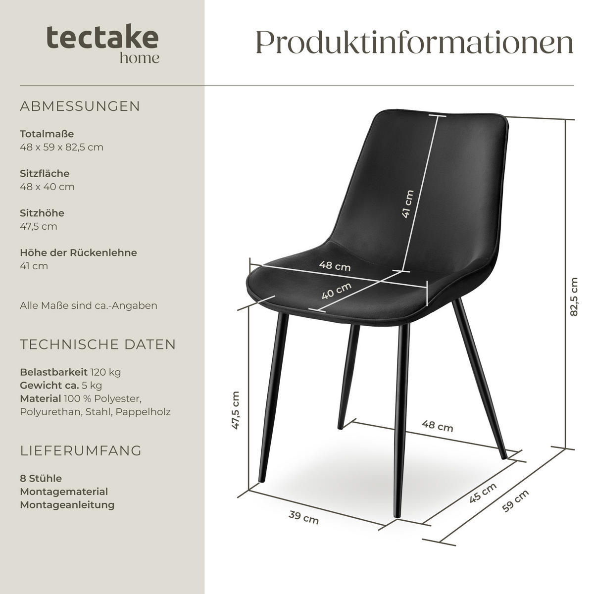 STUHL 8er Set Monroe 48 x 59 x 82 5 cm schwarz - Schwarz, Kunststoff (48/82.5/59cm) - tectake