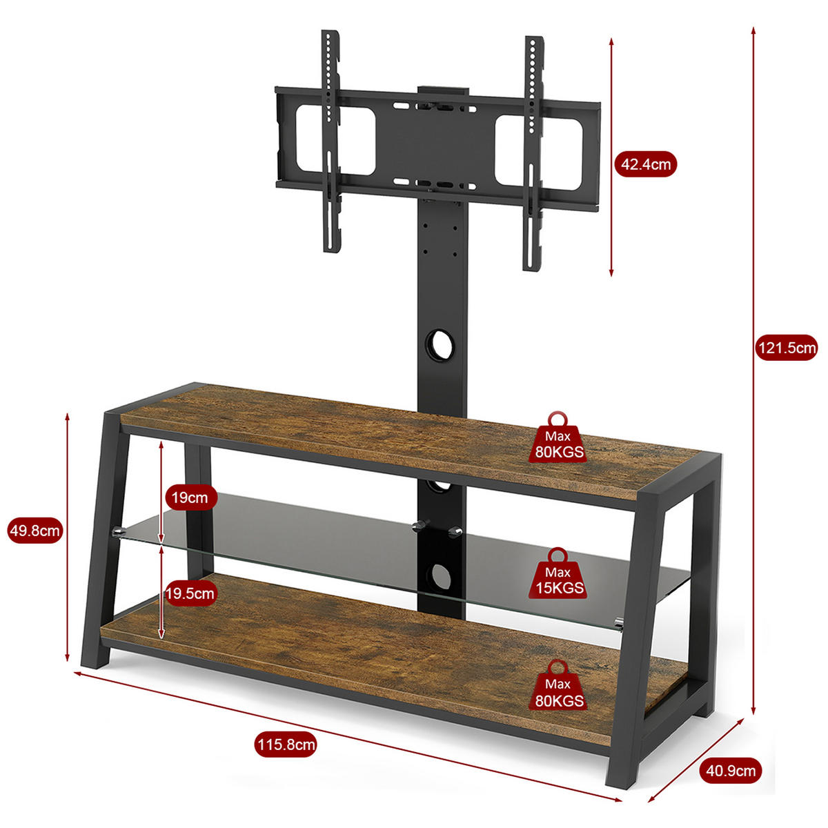 TV-ELEMENT 115.8/40.9/121.5 cm Braun mit Wandhalterung - Braun, Holz (116/125/42cm) - Oxeza