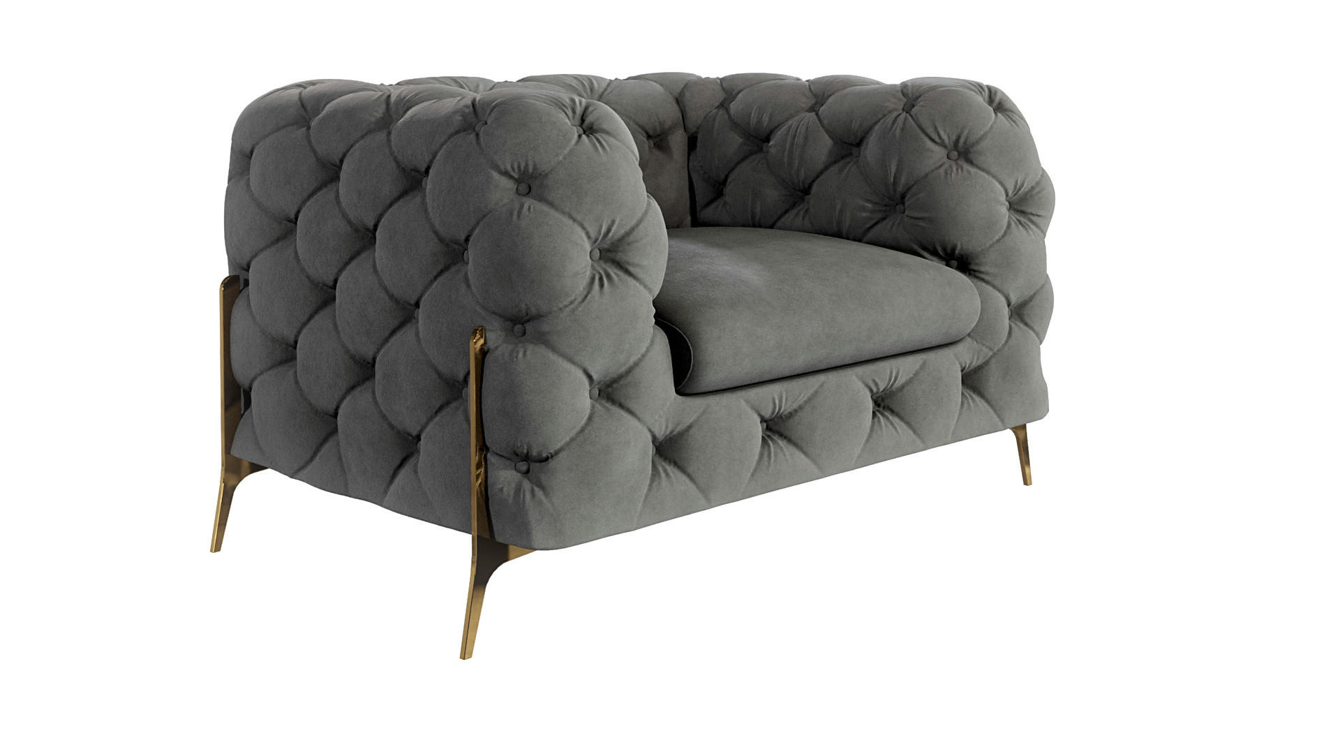 S-Style CHESTERFIELD KŘESLO Lexi ze šedého sametu se zlatými nohami