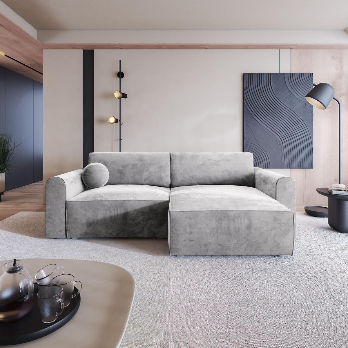 ROHOVÁ SEDAČKA FIANO světle šedá - šedá/světle šedá, dřevo/textil (245/148cm) - MASSENO