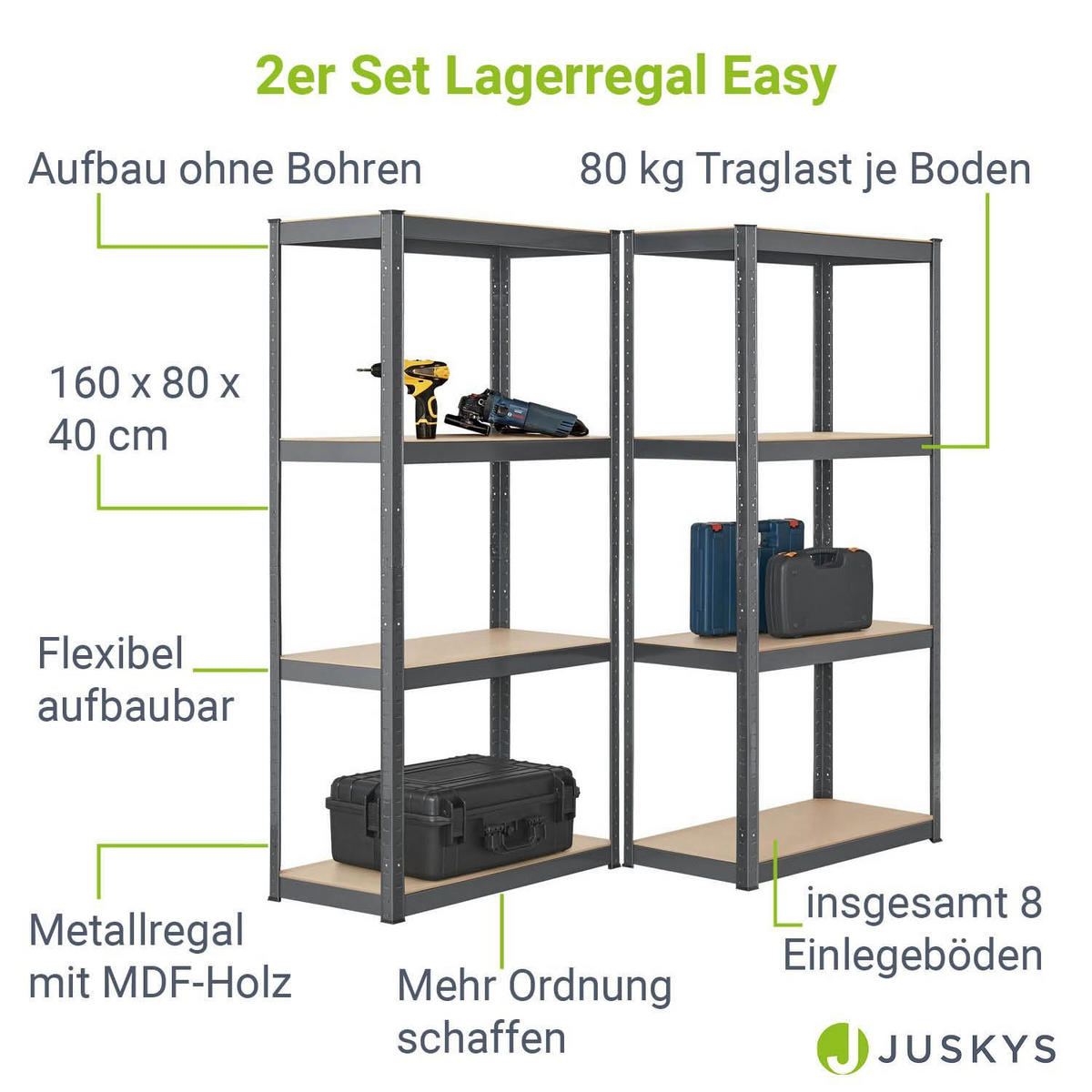 LAGERREGAL Easy grau 160x80x40 cm (2er-Set) - Grau, Metall (80/160/40cm) - Juskys