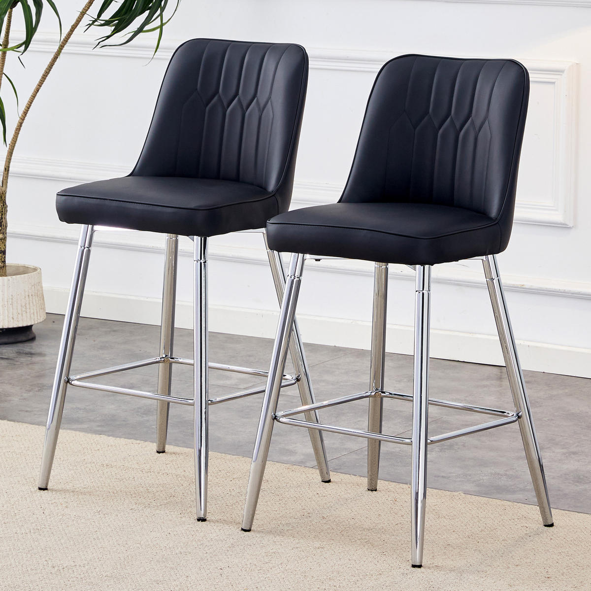 BARHOCKER 2er-Set 100 cm PU-Leder Schwarz Silber - Silberfarben, Metall (45/100/42cm) - Meubliv