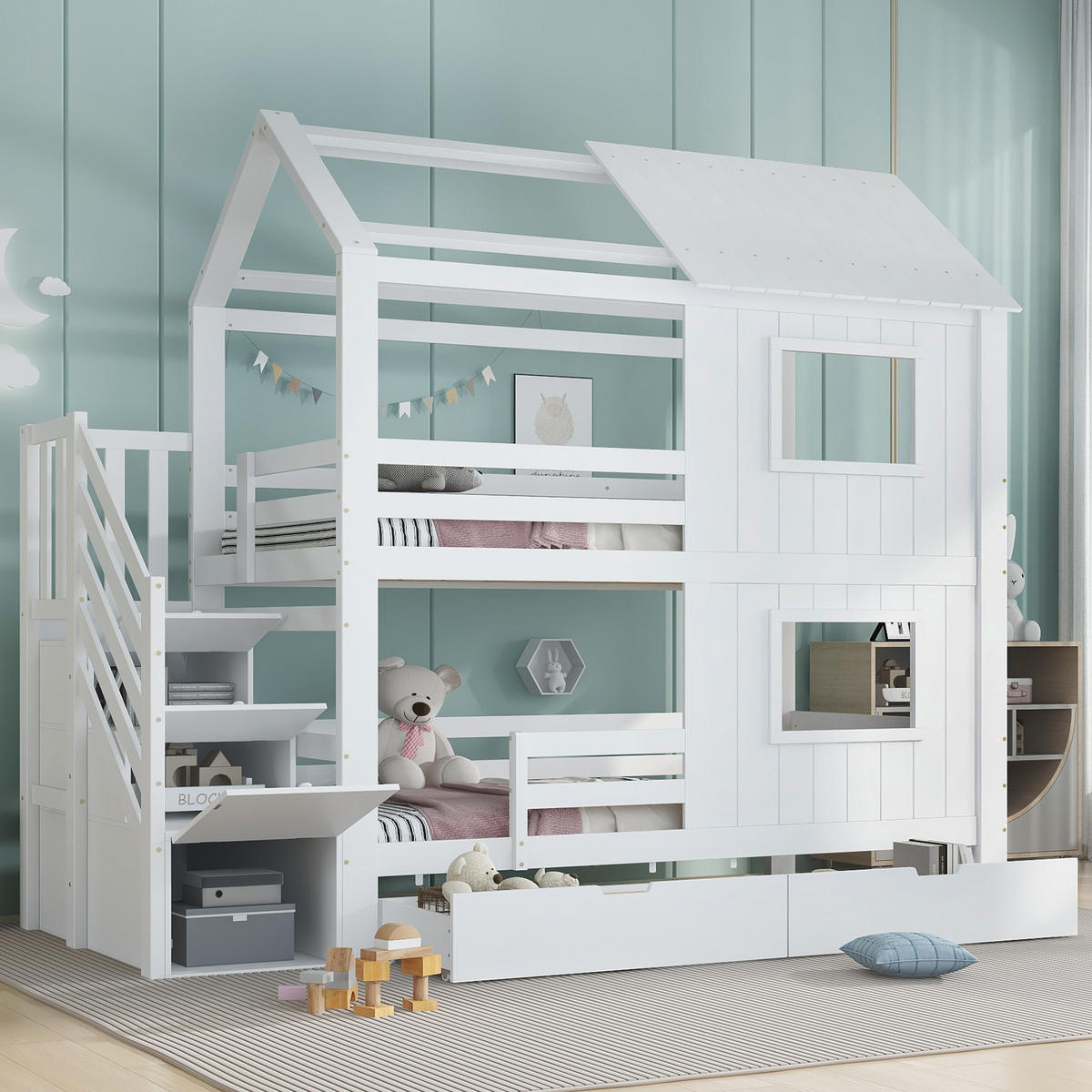 ETAGENBETT 90/200 cm in Weiß mit Treppenschrank, Schublade und Dach Kiefer & MDF - Weiß, Holz/Holzwerkstoff (90/200cm) - CHICFURN