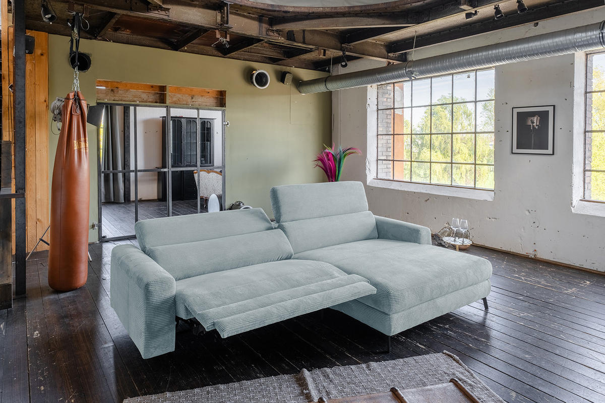 ECKSOFA LAISKA Hellblau Cord Relaxfunktion - Schwarz/Hellblau, Textil/Metall (282/177cm) - KAWOLA