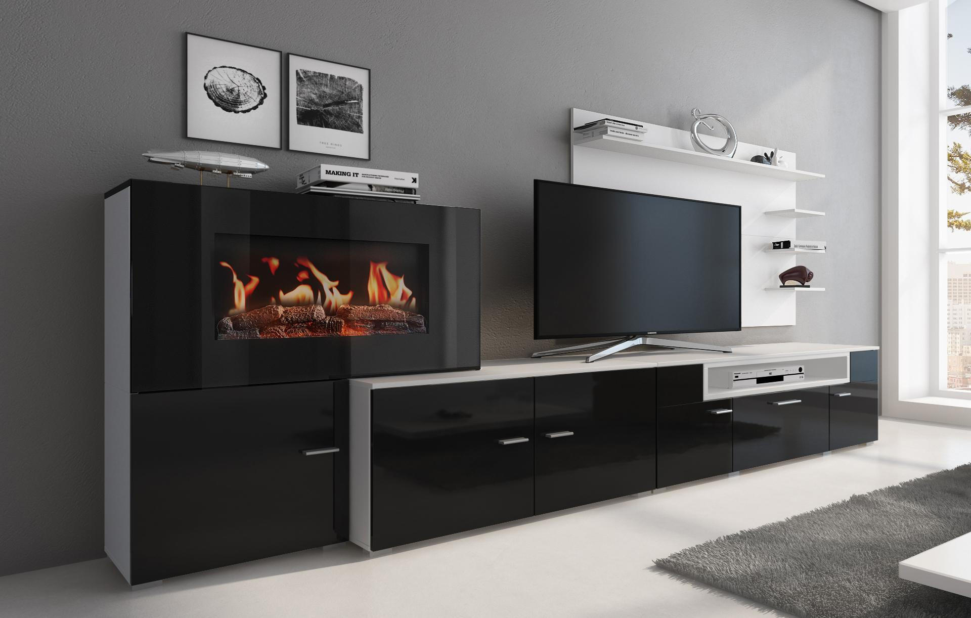 WOHNWAND Elektrokamin weiß, schwarz lackiert, 290/45/170cm - Schwarz/Weiß, Holzwerkstoff (290/170/45cm) - Skraut Home