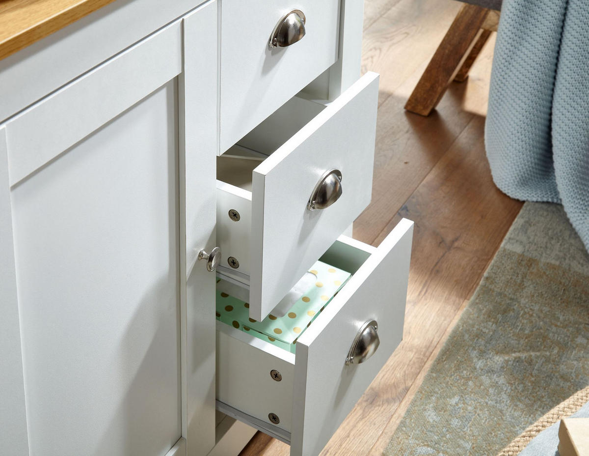 KOMMODE – Eiche-Finish, 3 Schubladen, 2 Türfächer - Weiß, Holz/Metall (79/81/35cm) - KADIMA DESIGN