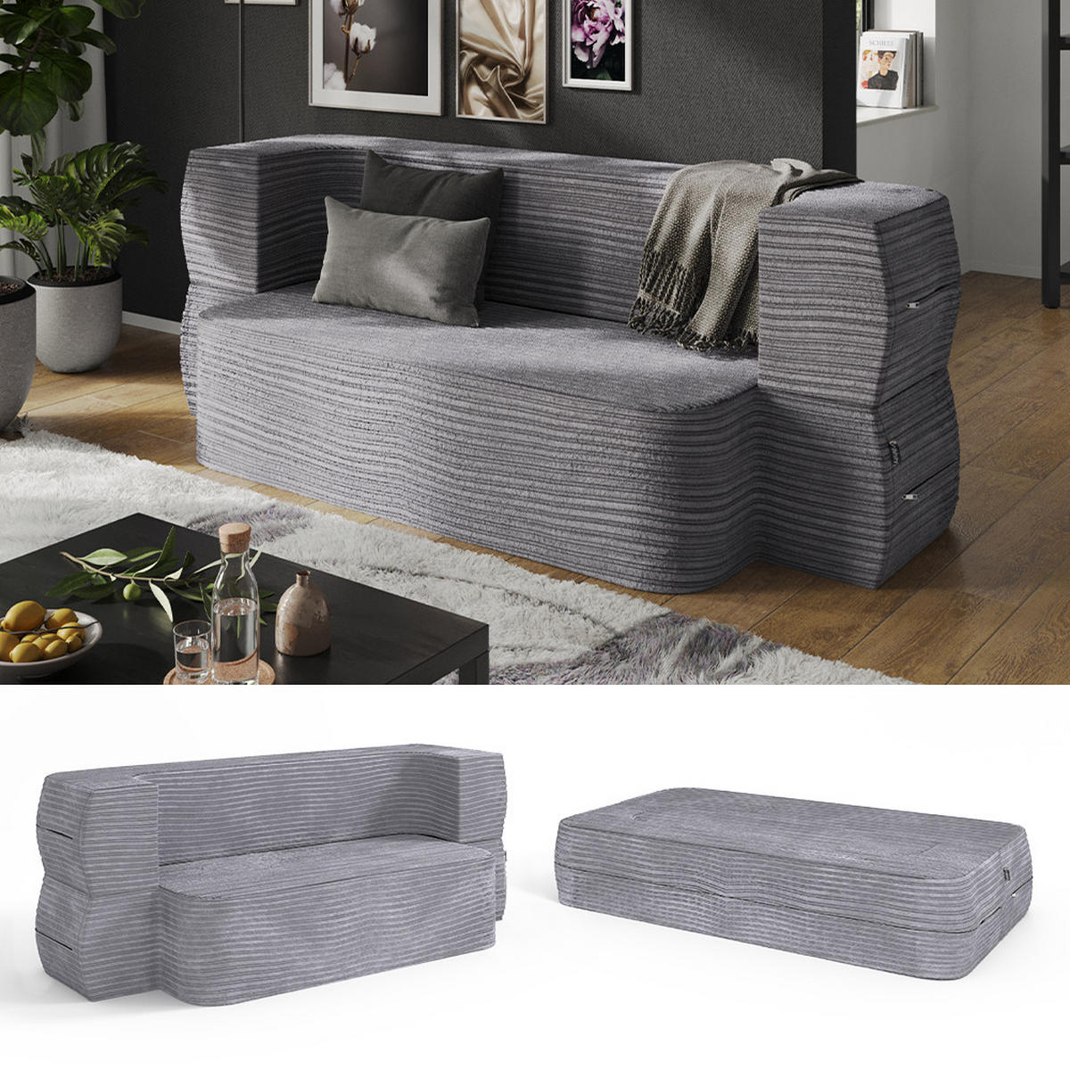 SOFA Lille Grau 190 cm mit Schlaffunktion - Grau, Textil (190/70/73cm) - VitaliSpa