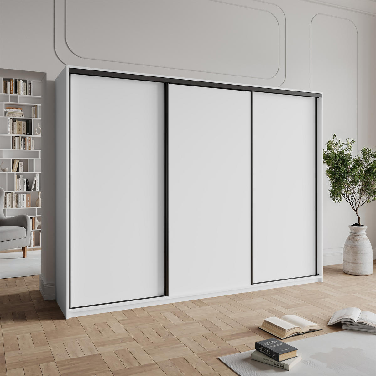 SCHWEBETÜRENSCHRANK NISSE 250/205/60 cm 3-türig mit Schubladen Weiß - Schwarz/Weiß, Holzwerkstoff (250/205/60cm) - MASSENO