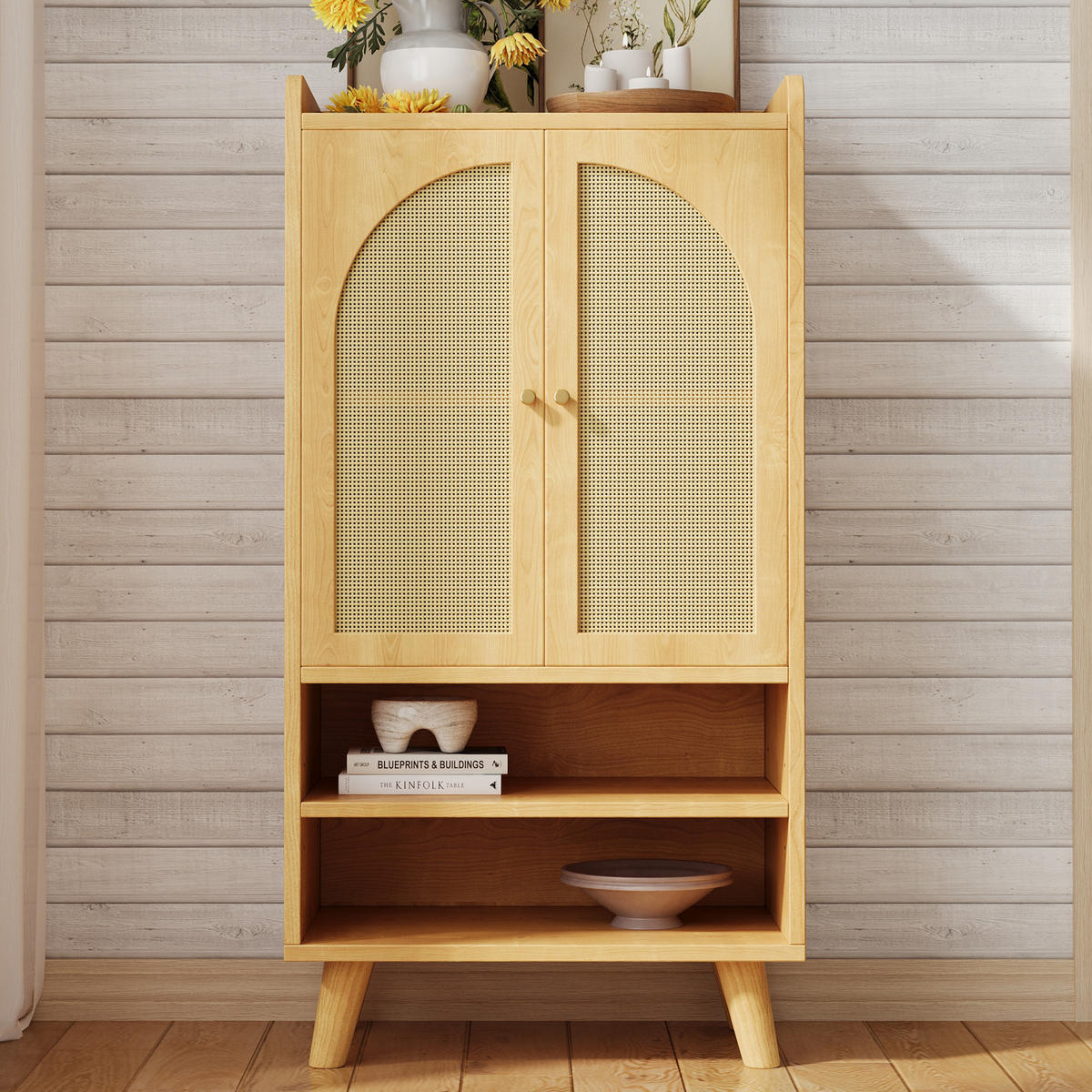 SIDEBOARD Rattan Holz 2 Türen 2 Fächer 60x40x121cm Stauraum - Naturfarben, Holzwerkstoff (40/121/60cm) - FLIEKS