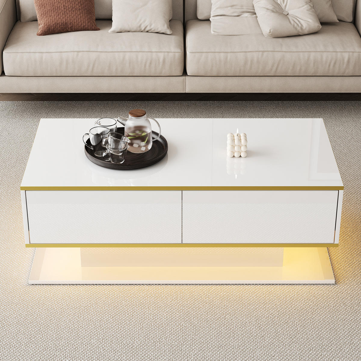 COUCHTISCH 100/50/40 cm in Weiß/Gold mit 3 Schubladen und LED-Beleuchtung - Weiß, Holzwerkstoff (100/50/40cm) - Flora Grace