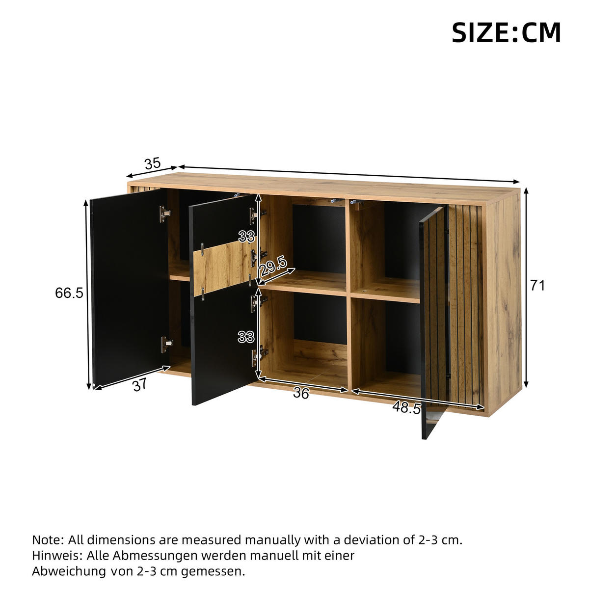 SIDEBOARD Schwarz Hochglanz & Holzton 3 Türen Wellenmuster - Naturfarben, Holzwerkstoff (140/71/35cm) - Urban Meuble