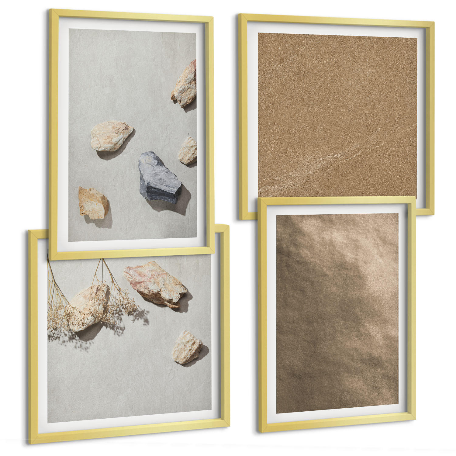 BILDER SET 4er Set - 50x50 cm & 40x60 cm Goldrahmen - Strandsteine natürliche Strukturen - Goldfarben, Kunststoff (50/50cm) - TULUP