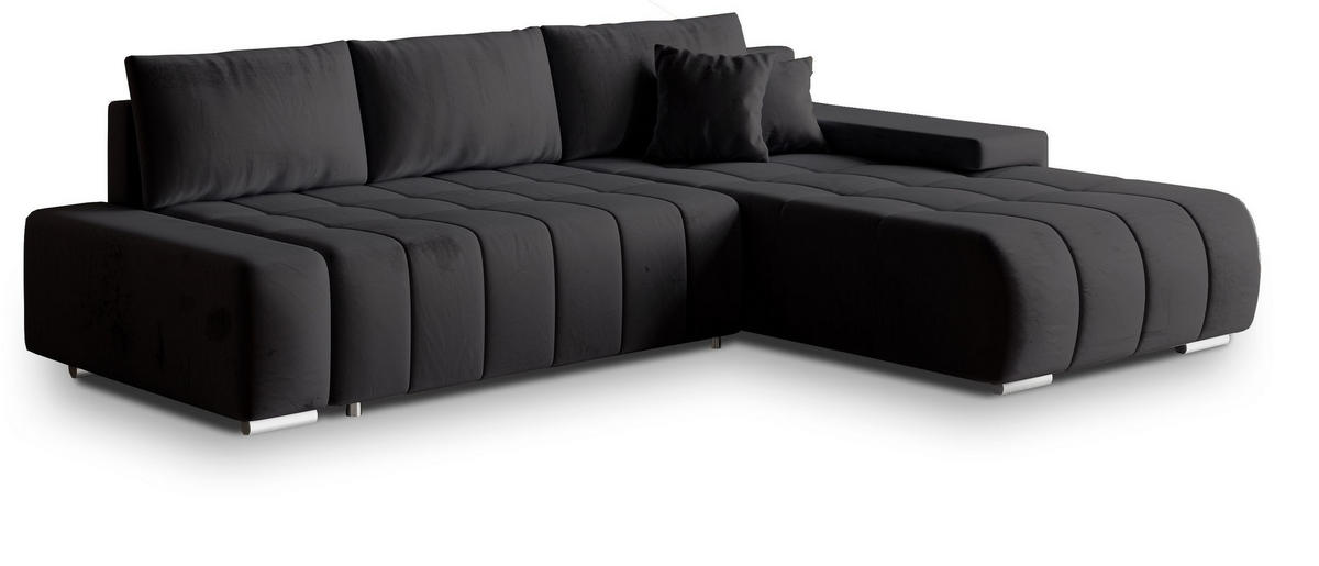 ECKSOFA ALESE R-S Schwarz Velours-Stoff mit Schlaffunktion - Schwarz, Holz (265/185cm) - MASSENO