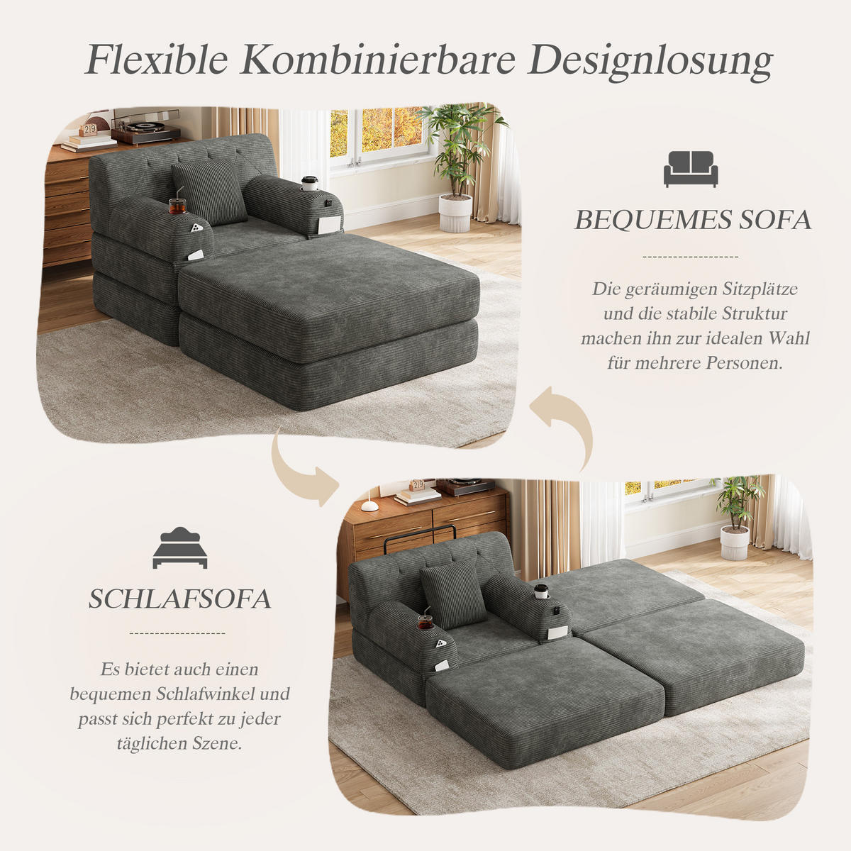 SCHLAFSOFA mit Hocker und Liegefunktion aus Cord in Dunkelgrau - Dunkelgrau, Textil (191/60/162cm) - EVRYAE