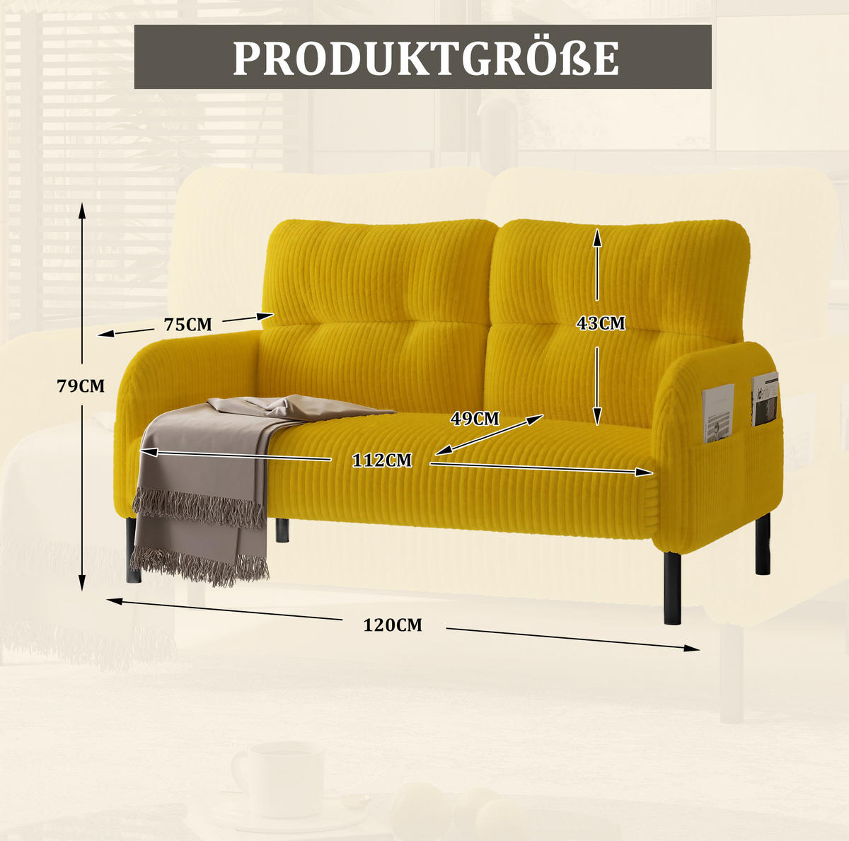 SOFA 2-Sitzer Cord 120 x 75 x 79 cm Gelb - Gelb, Holzwerkstoff (120/79/75cm) - Meubliv