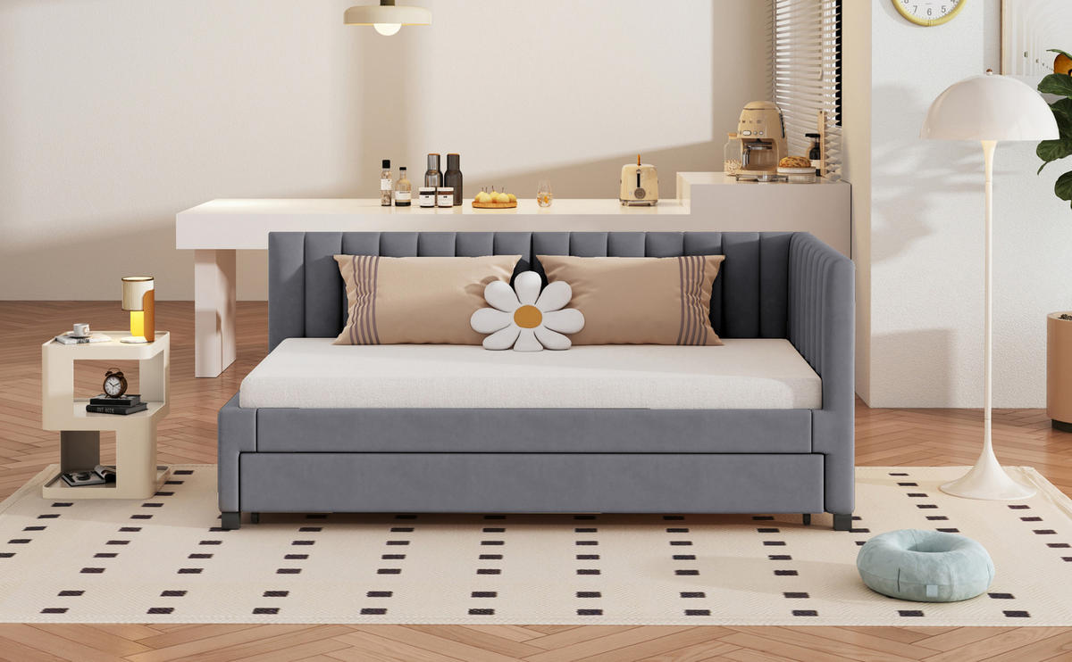 POLSTERBETT 90/200 cm Grau aus Samtstoff mit Ausziehbett - Grau, Textil (90/200cm) - OKMYHOME