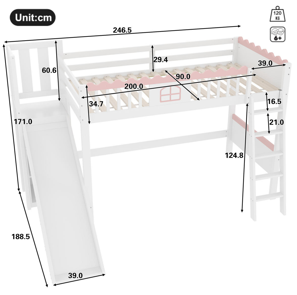 HOCHBETT aus Kiefer und MDF 90x200 cm Weiß mit Rutsche, LED-Beleuchtung und 3 Regalen - Weiß, Holz (90/200cm) - IVMEU
