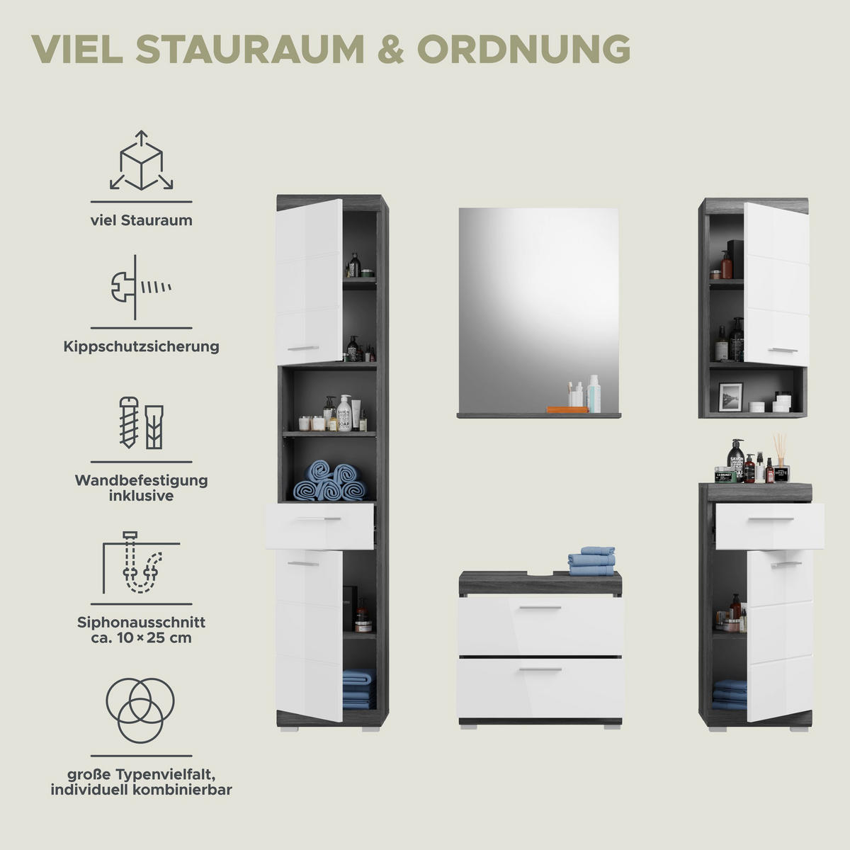 BADKOMBINATION 5tlg. Scout Bad in Rauchsilber Nachbildung und weiß hochglanz B/H/T: 164x191x37 cm - Anthrazit, Holz (164/191/37cm)